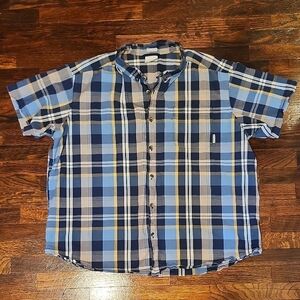 Columbia Casual Blue and Yellow Plaid Short Sleeve Button Down Shirt